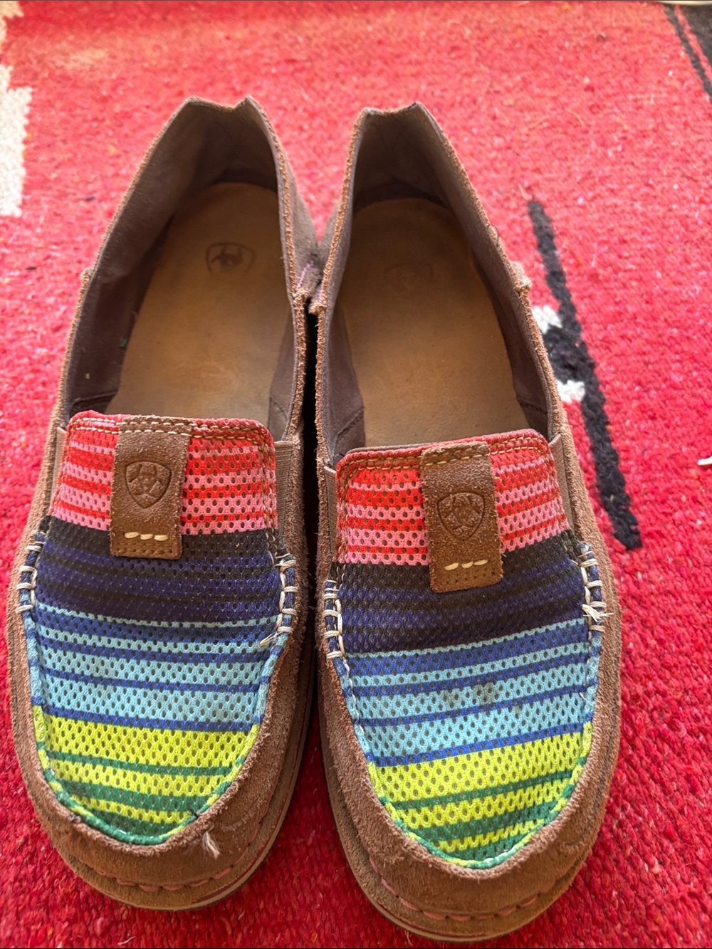 Ariat Brown Moccasin Slip-Ons with Rainbow Striped Upper
